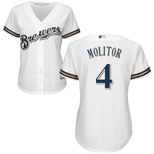 Brewers #4 Paul Molitor White Home Women's Stitched MLB Jersey - Click Image to Close